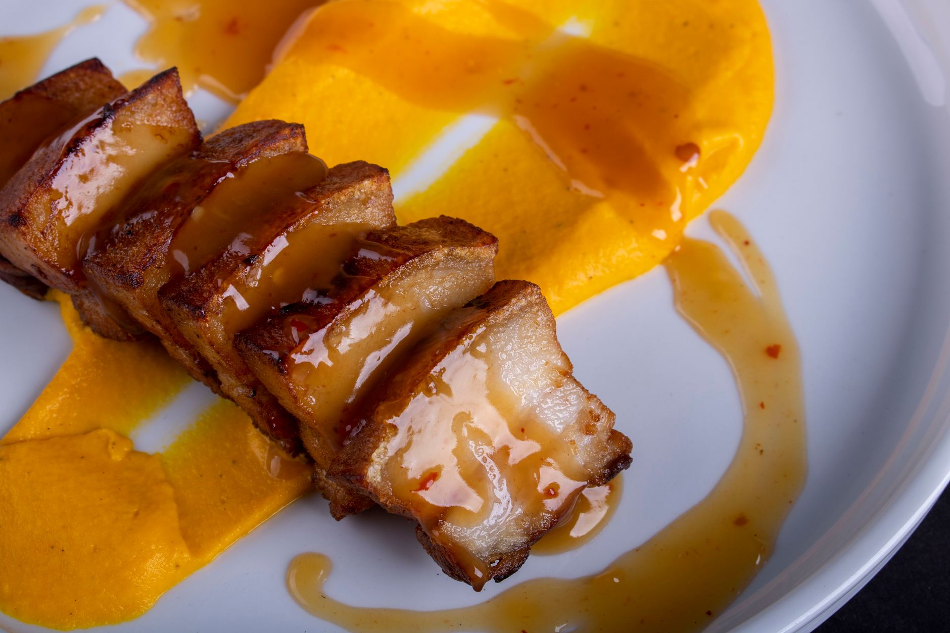 Crispy Pork Belly with Sweet Potato & Chili Glaze