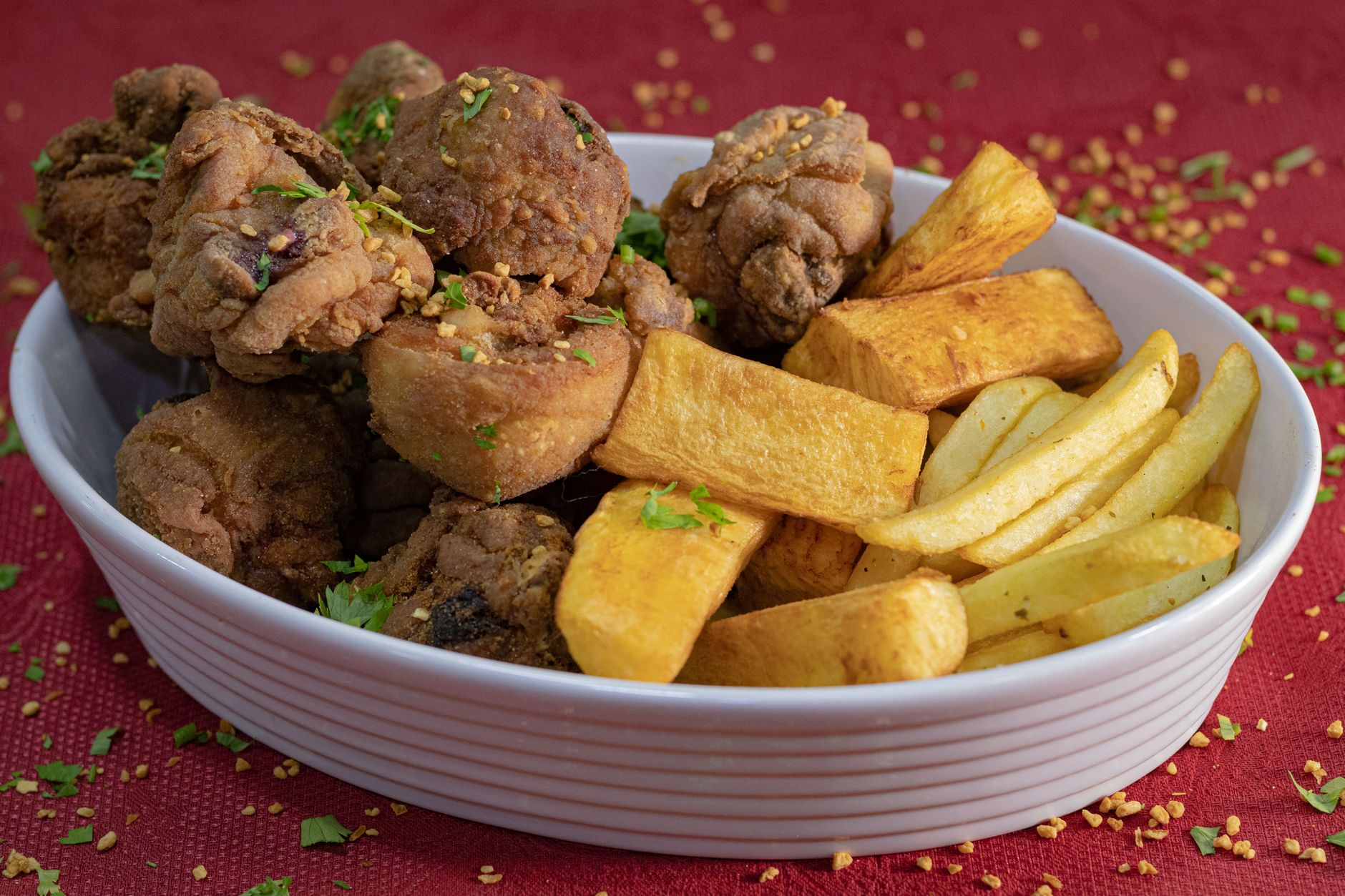 Crispy Pork Belly with Yuca & Fries