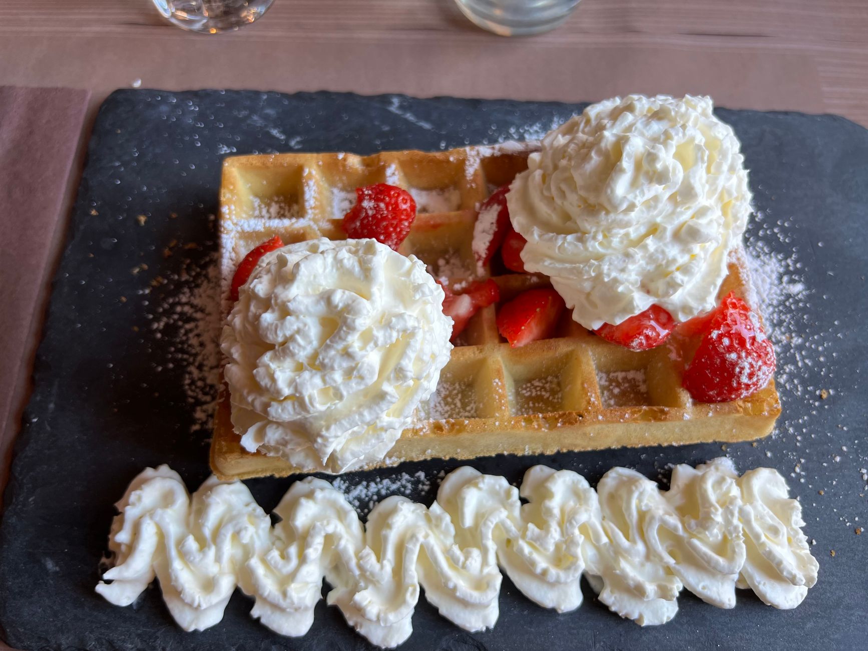 Golden Crispy Waffles with Strawberries & Cream