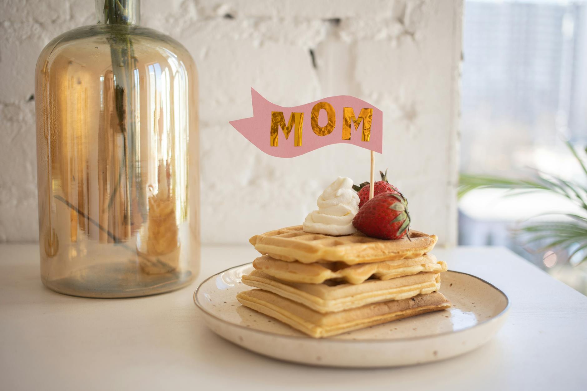 Golden Strawberry Waffles with Whipped Cream