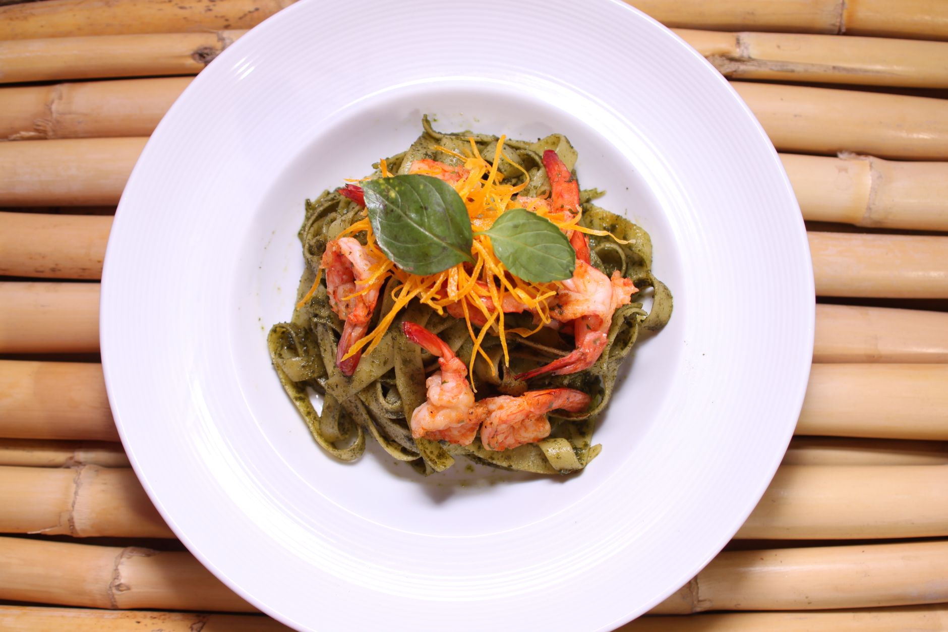 Green Pasta with Crispy Shrimp
