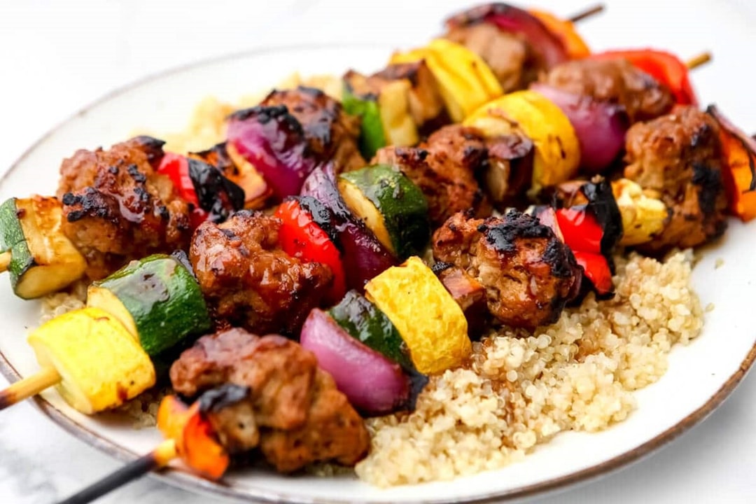 Grilled Beef Kebabs with Tahini & Charred Veg