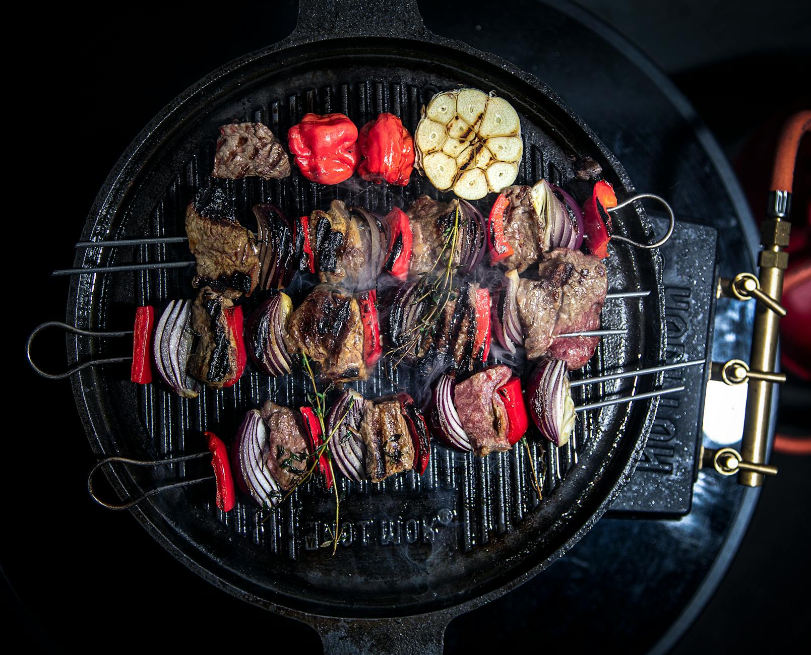 Grilled Beef Skewers with Charred Garlic & Peppers