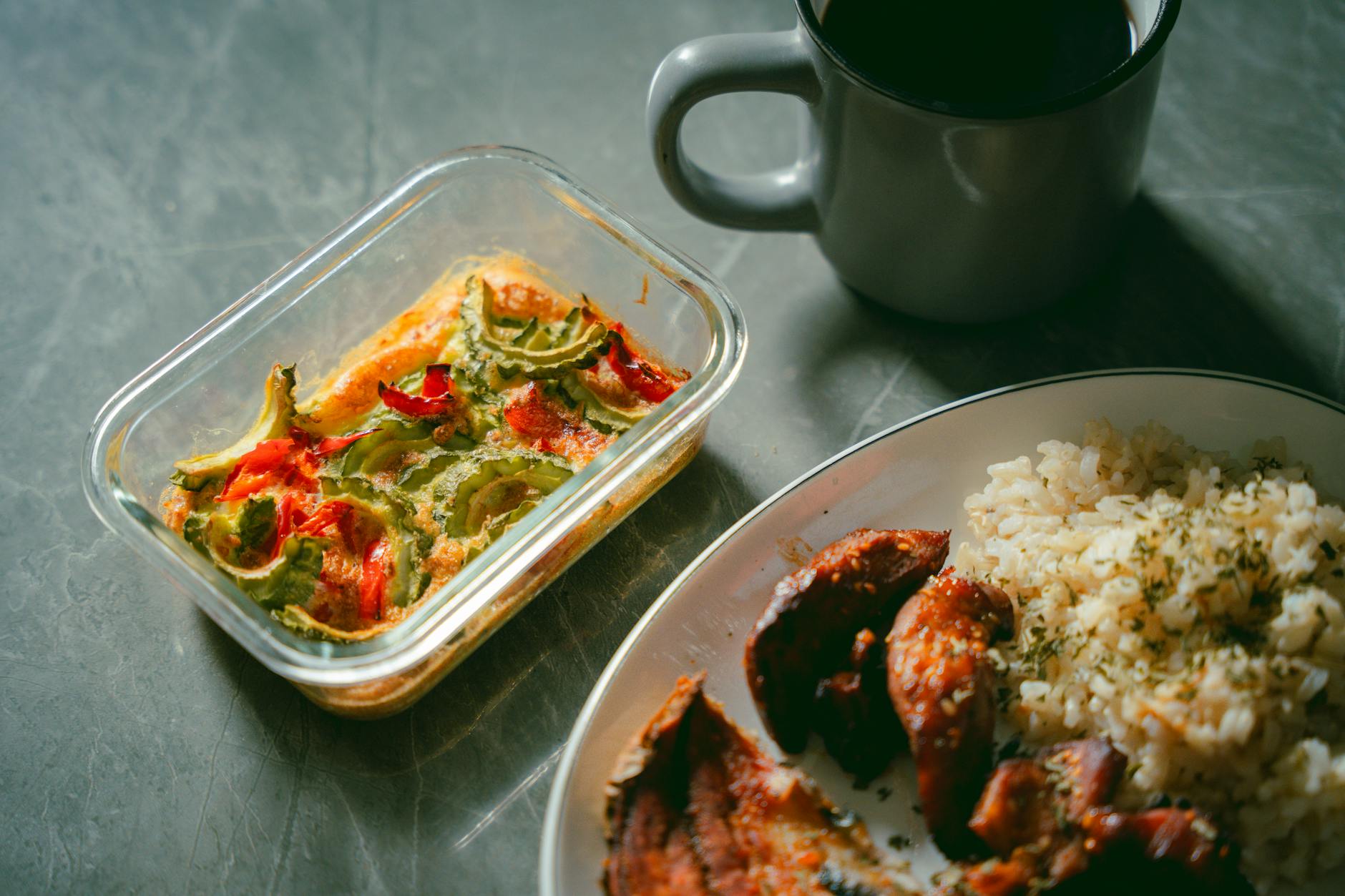 Harissa Fish with Rice & Roasted Sides