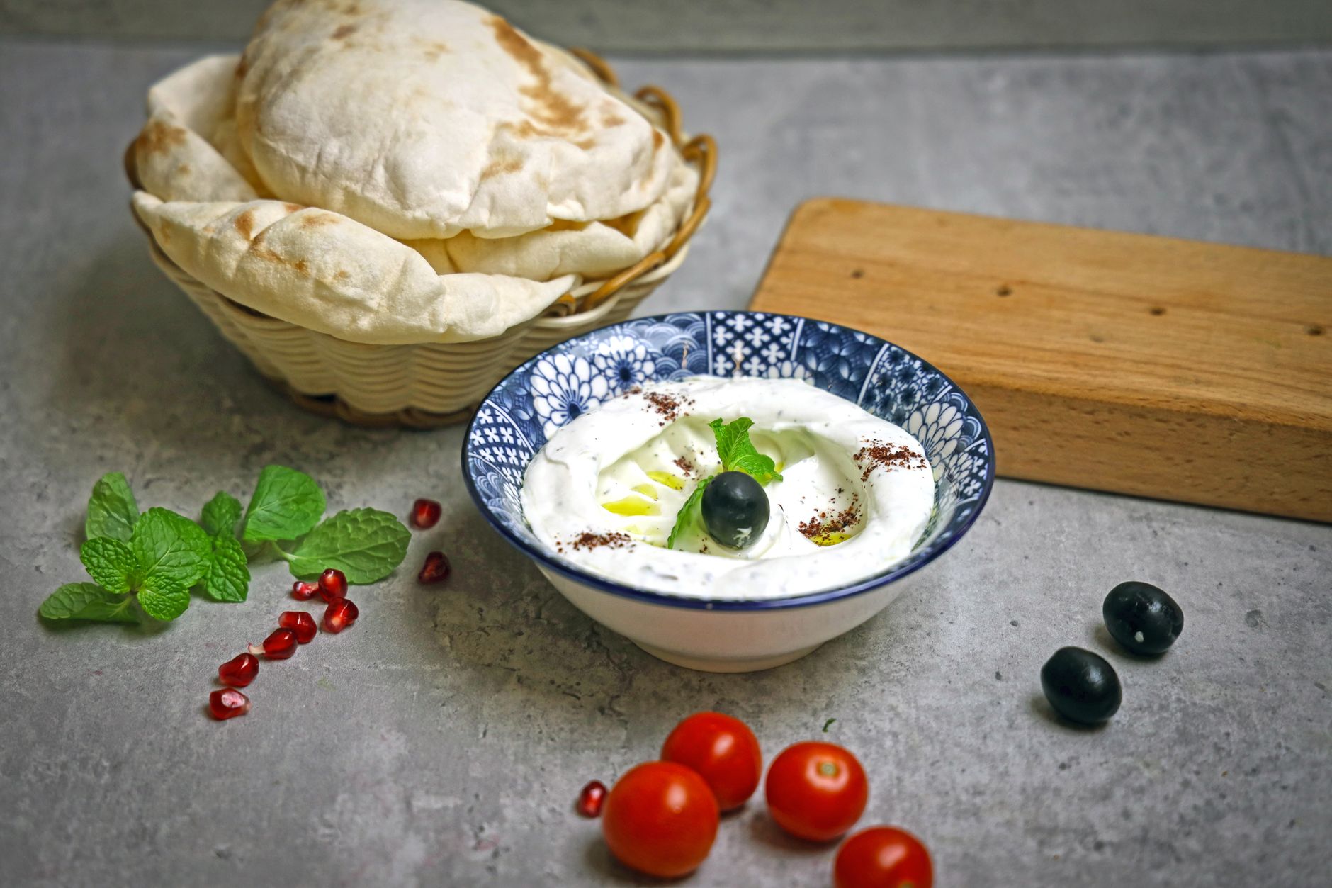 Haydari — Herbed Yogurt Dip with Olives & Pomegranate