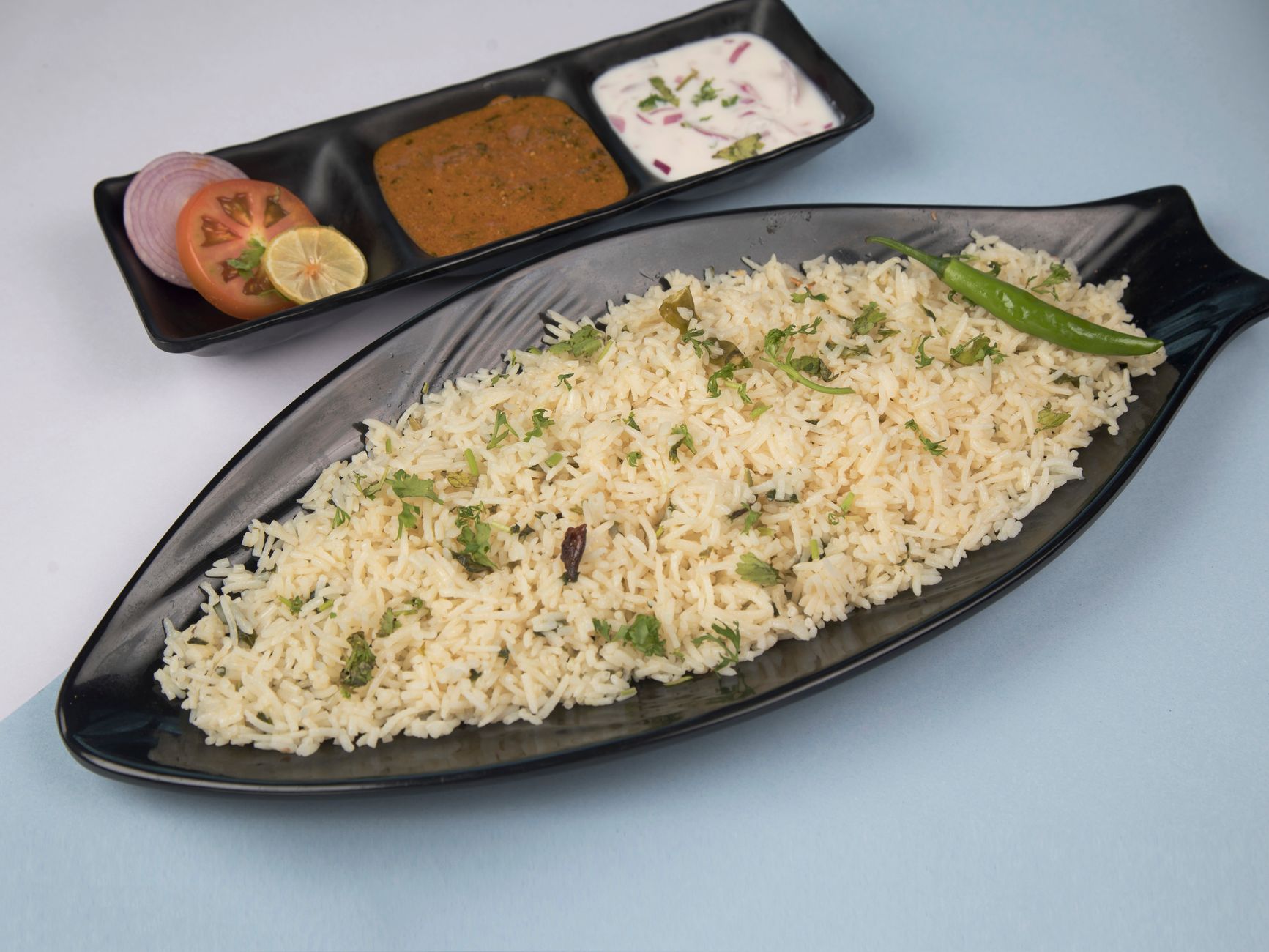 Jeera Rice Bowl with Dal, Raita & Fresh Sides