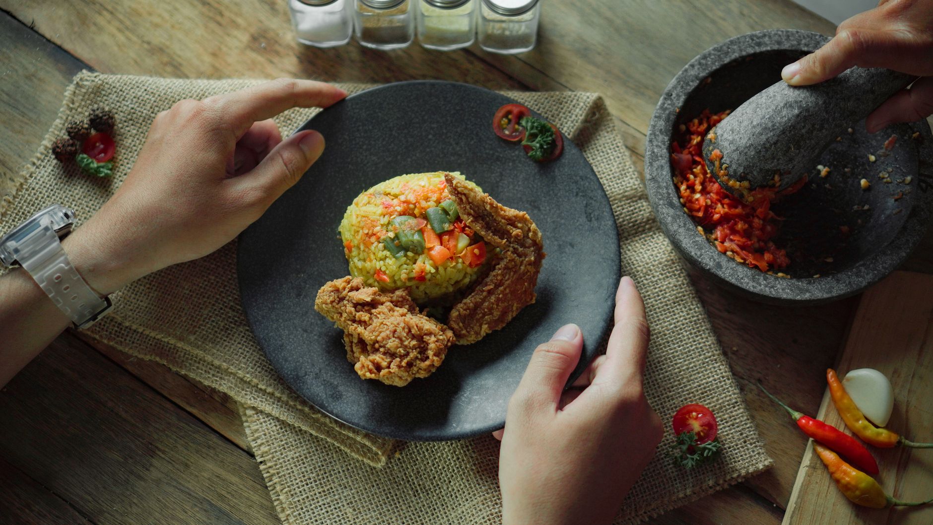 Messy Nasi Goreng with Crispy Chicken & Sambal