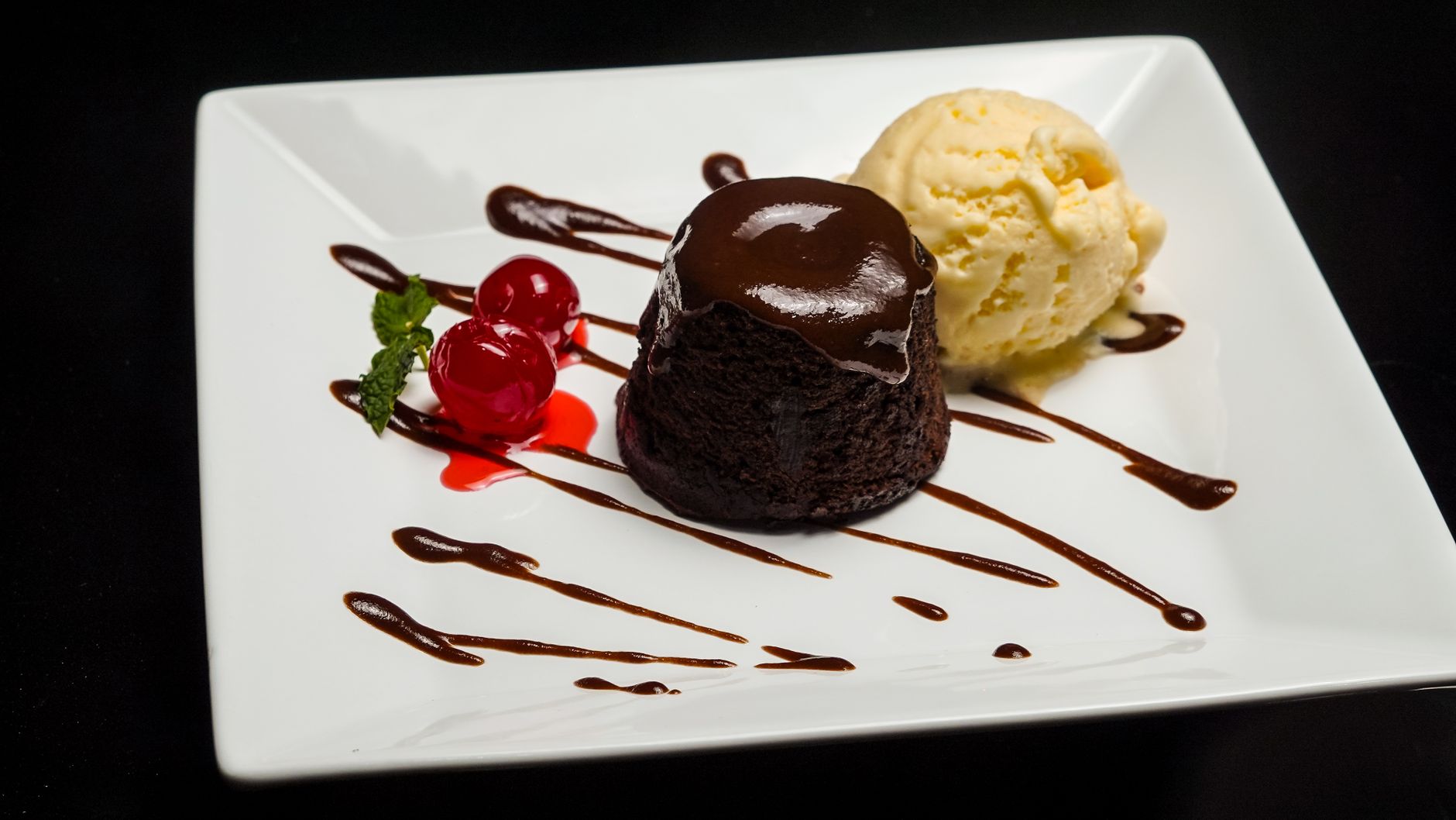 Molten Chocolate Cake with Ice Cream & Cherries