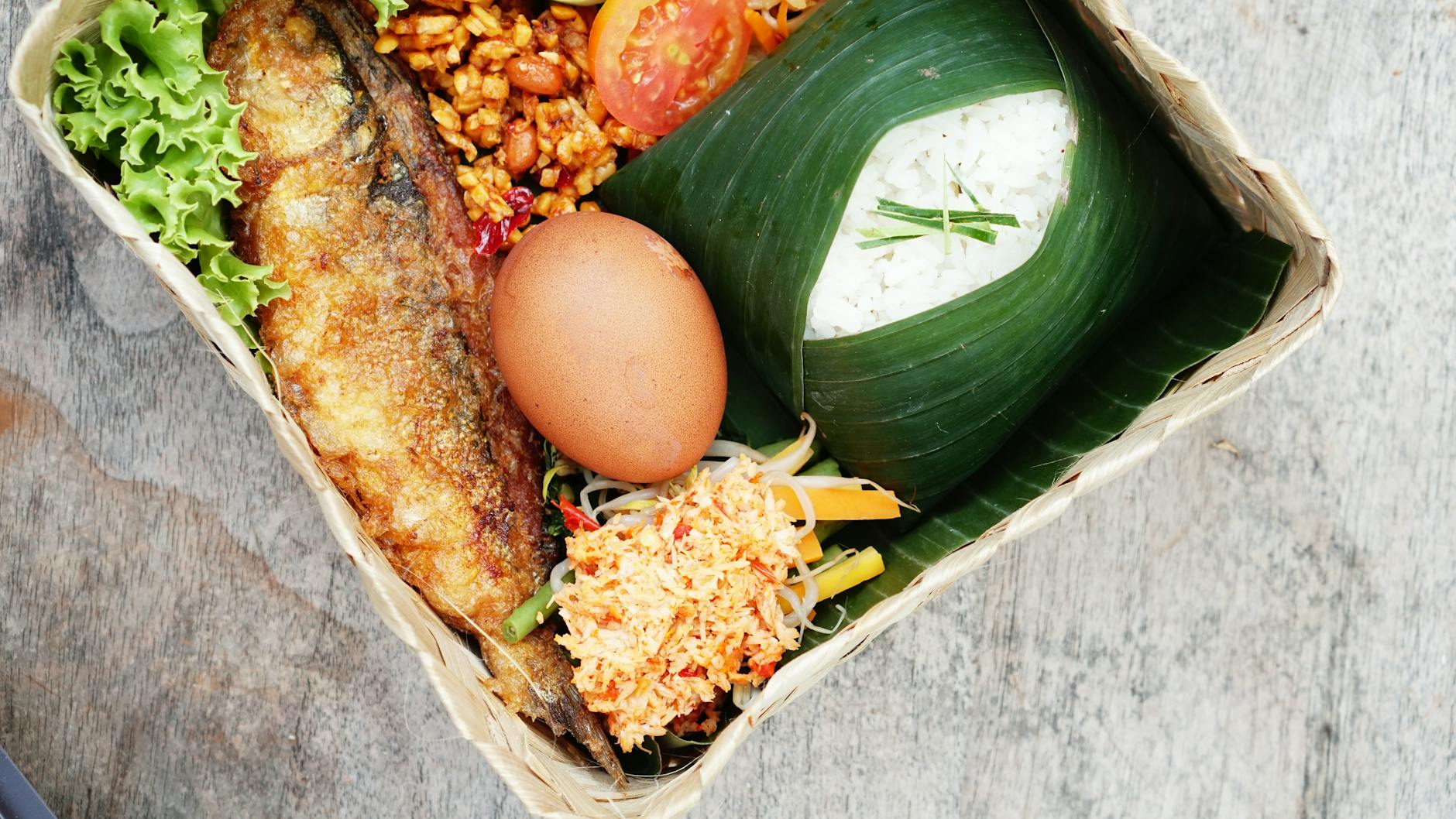 Nasi Pecel with Fried Fish & Egg