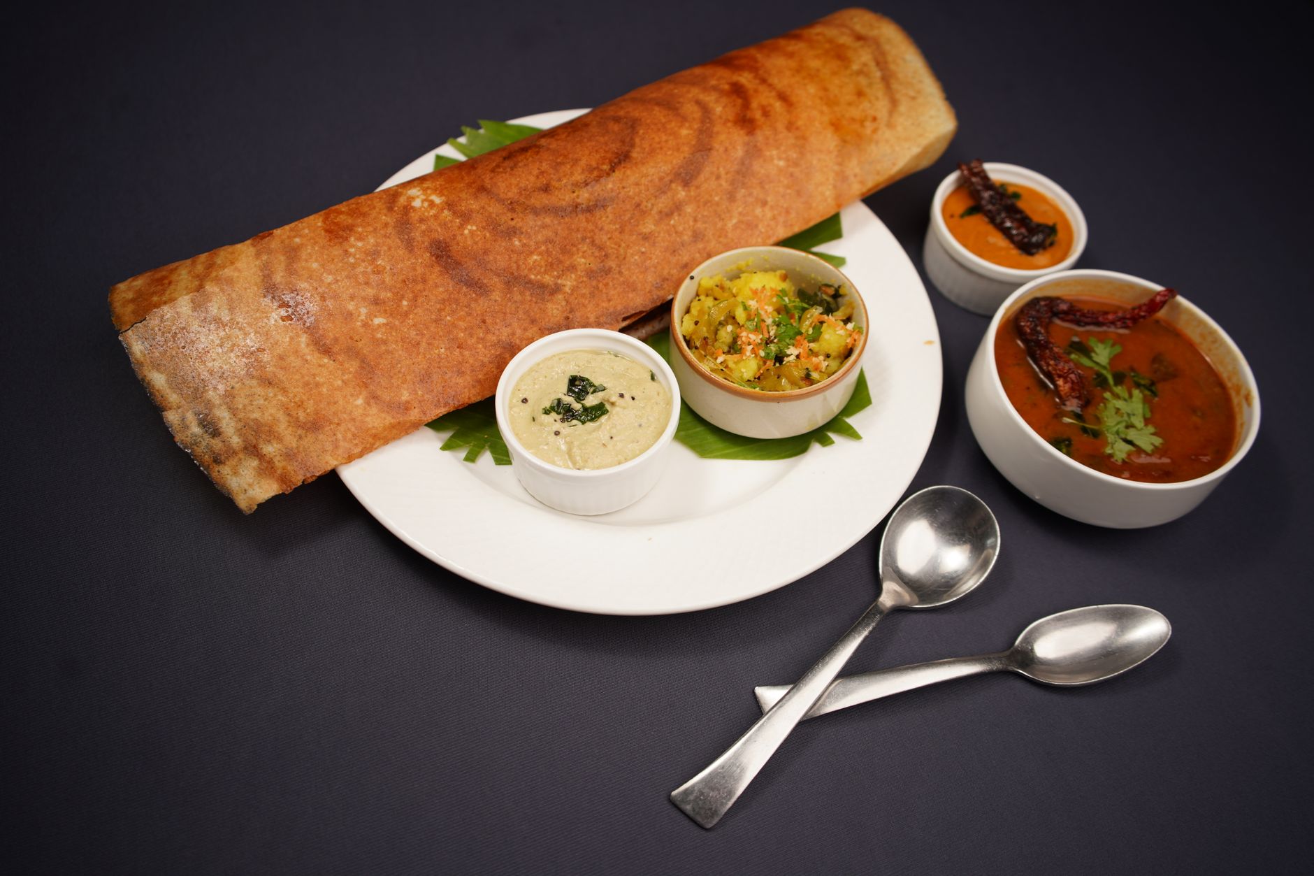 Paper Dosa with Three Chutneys & Sambar