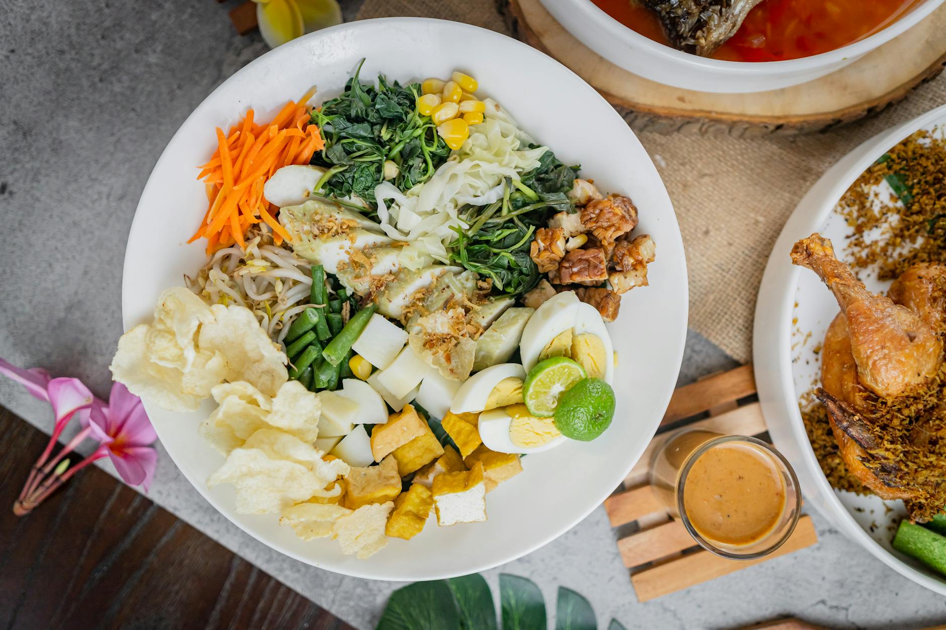 Pecel Feast Bowl—Veg, Fried Chicken & Peanut Sauce