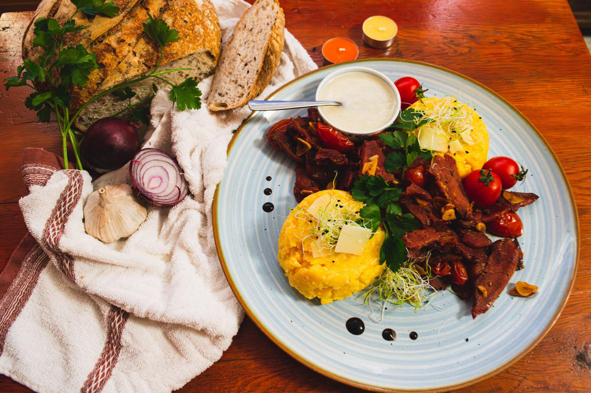 Polenta Taragna Bowl with Seared Beef & Tomatoes