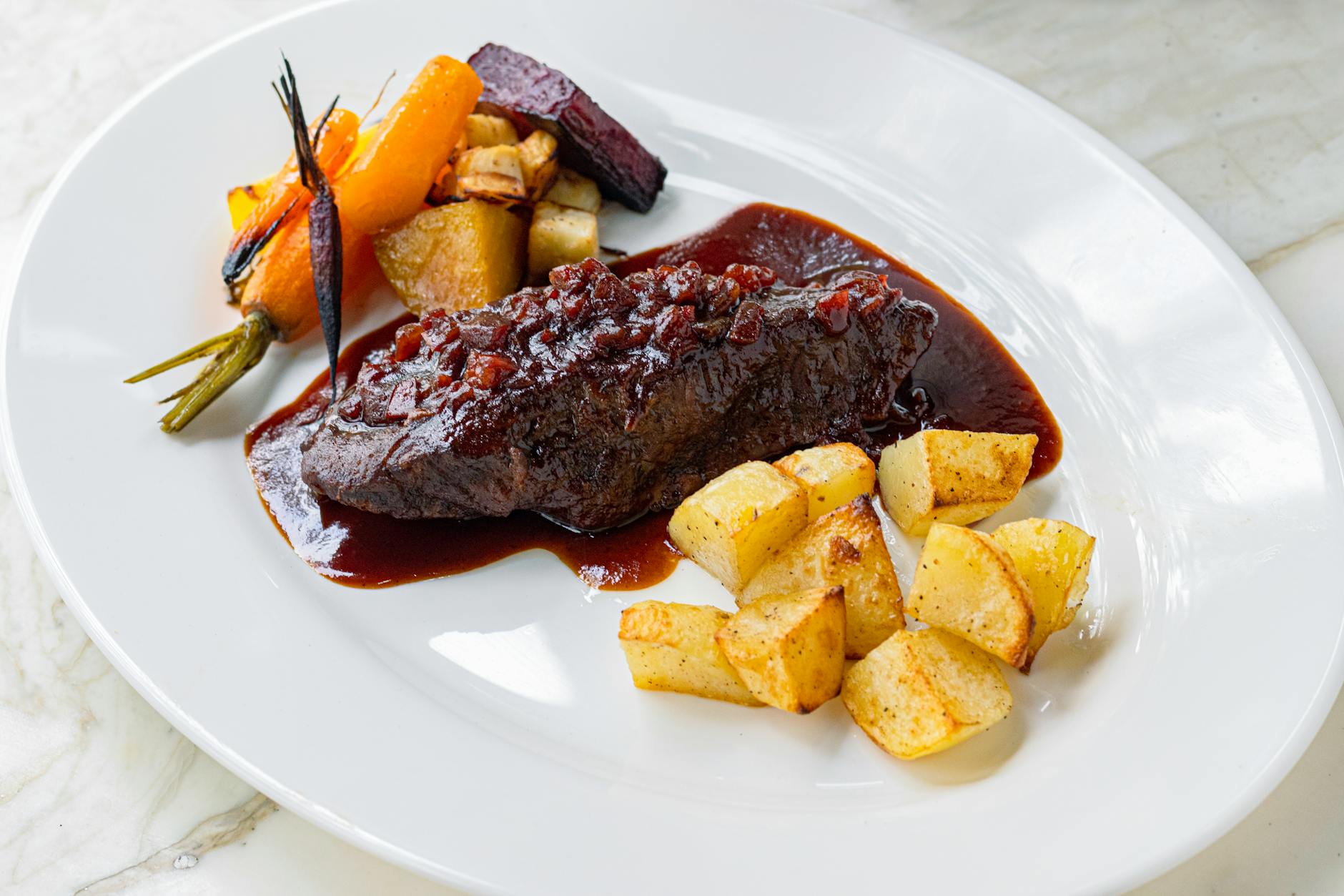Quick Sauerbraten with Roasted Root Veg