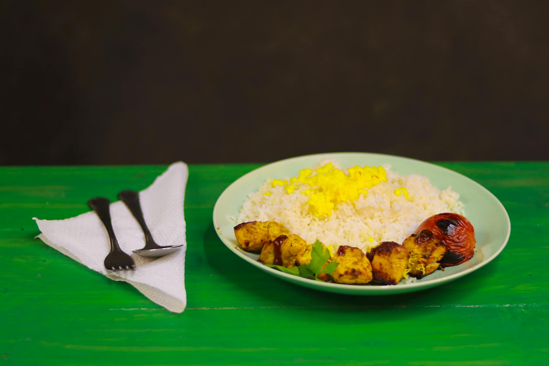 Saffron Joojeh Kabab with Rice & Tomato