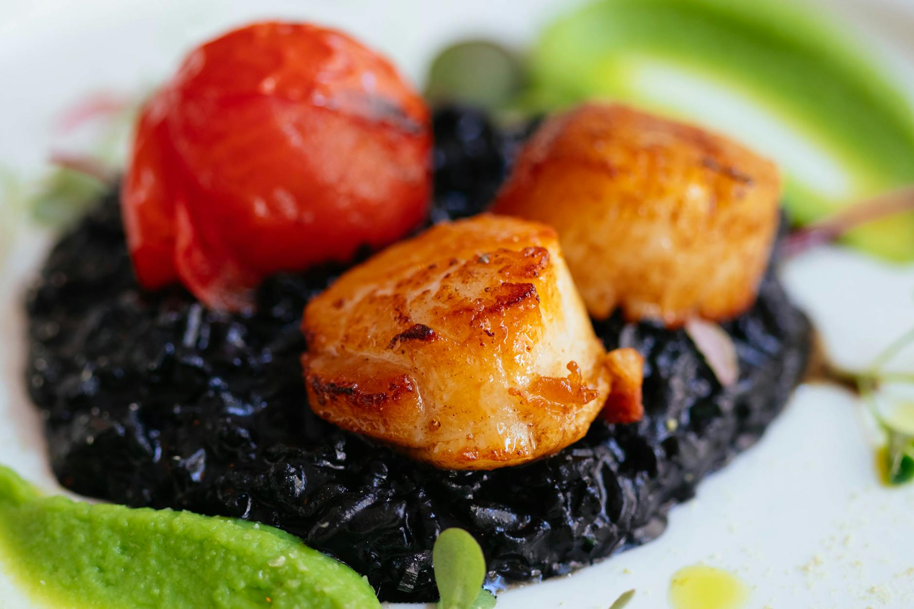 Seared Scallops with Black Risotto & Green Puree