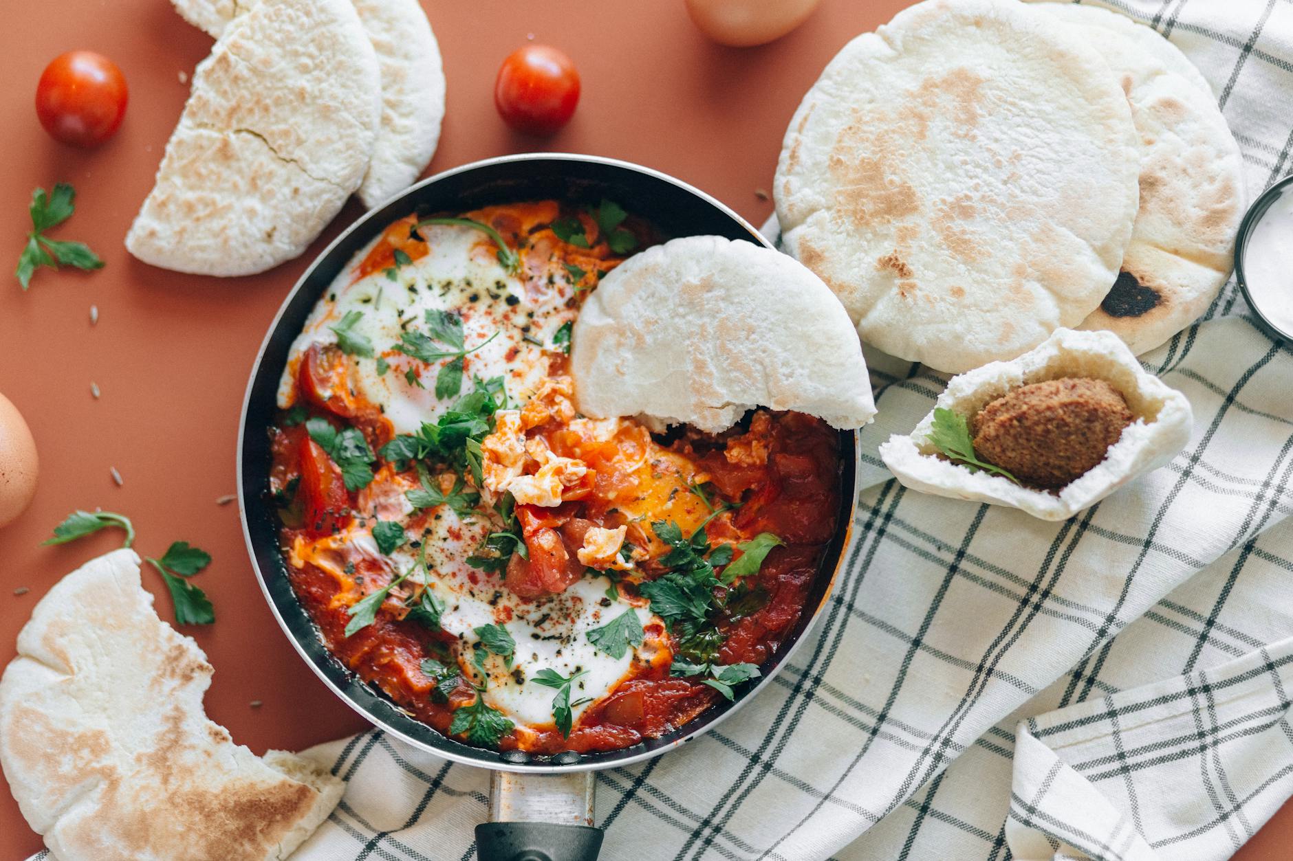 Shakshuka with Pita & Crispy Falafel