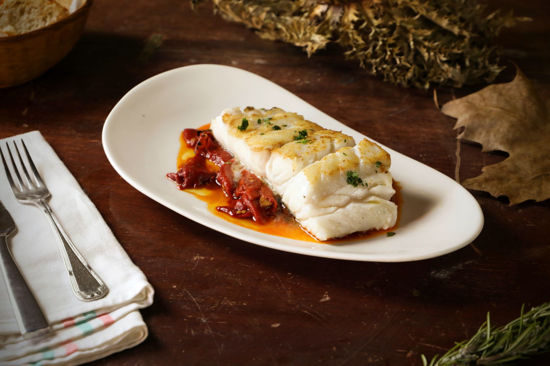 Sheet-Pan Bacalao with Tomato Sauce & Crispy Bread