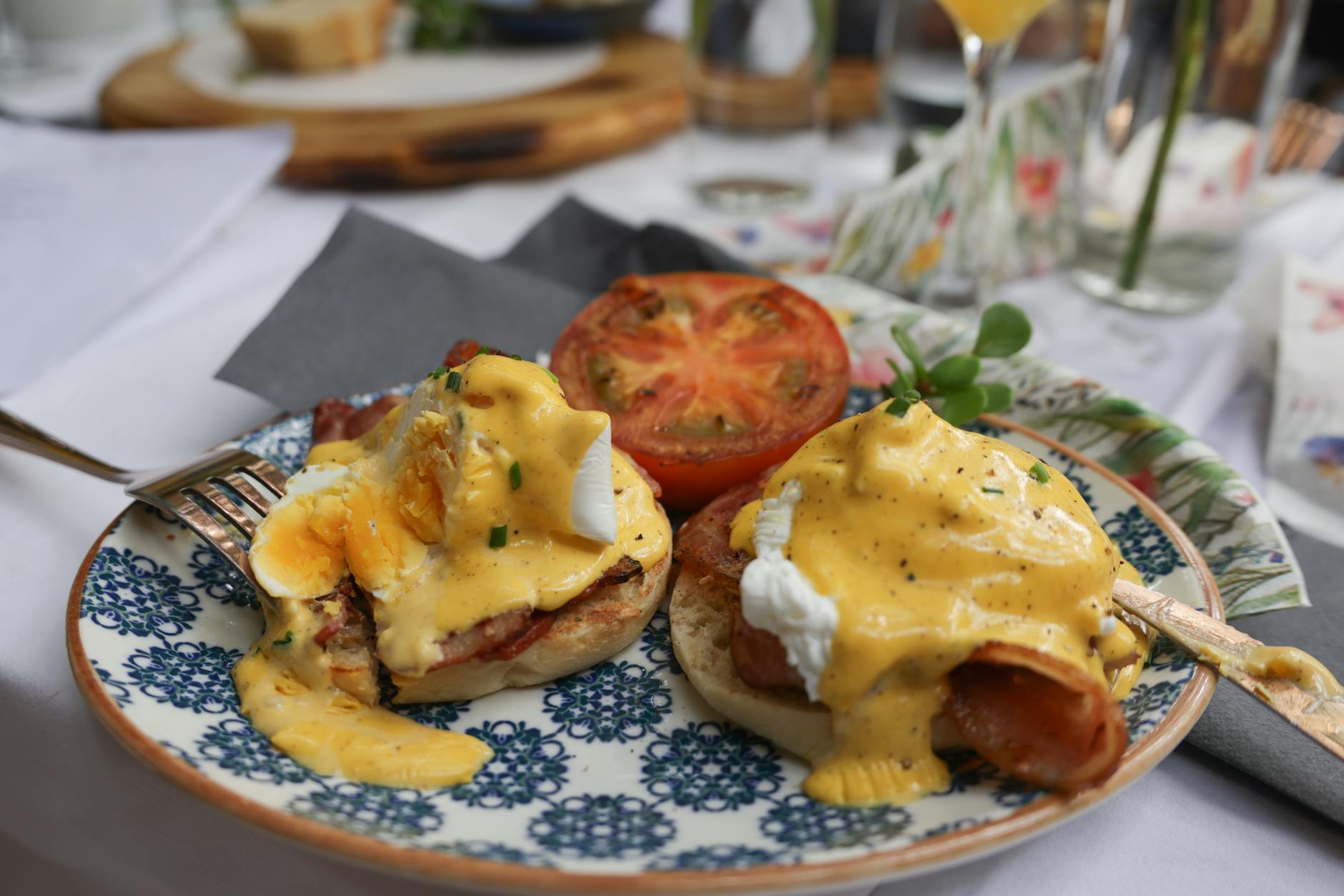 Sheet-Pan Eggs Benedict with Grilled Tomato