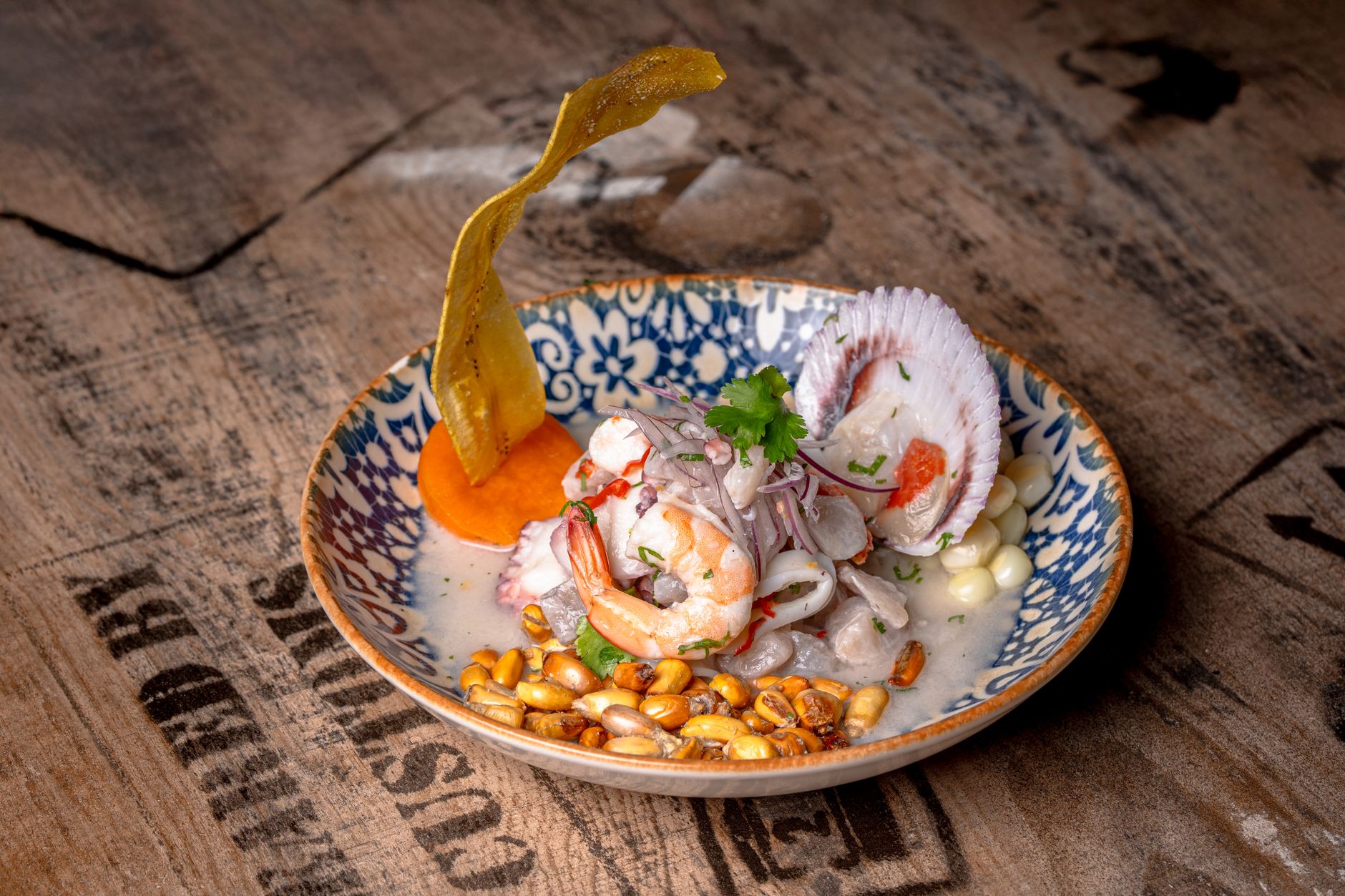 Shrimp Ceviche Mixto with Crispy Sides