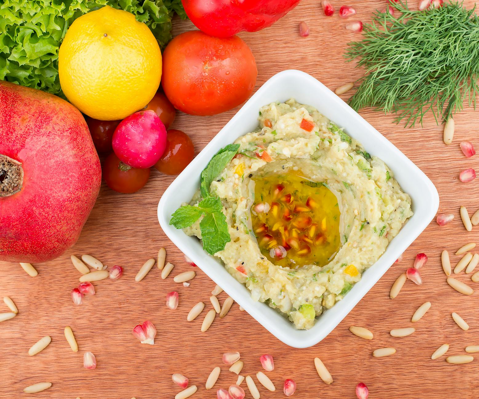 Smoky Eggplant Dip with Pomegranate & Pine Nuts