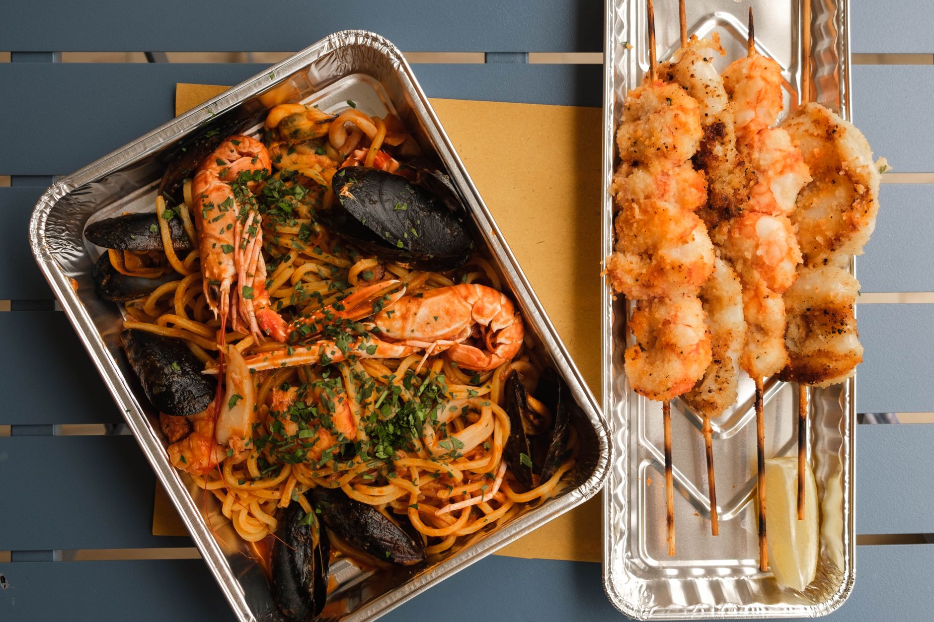 Spaghetti allo Scoglio with Grilled Shrimp