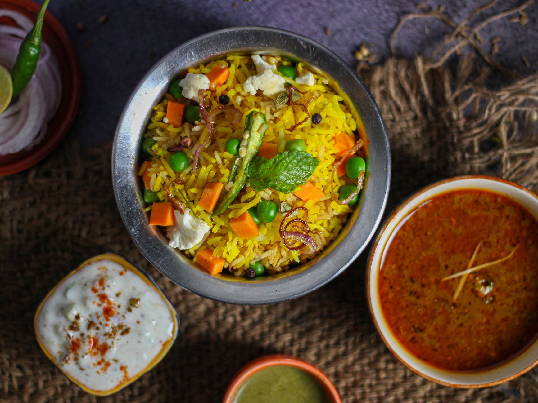 Spiced Vegetable Pulao with Raita & Chutney