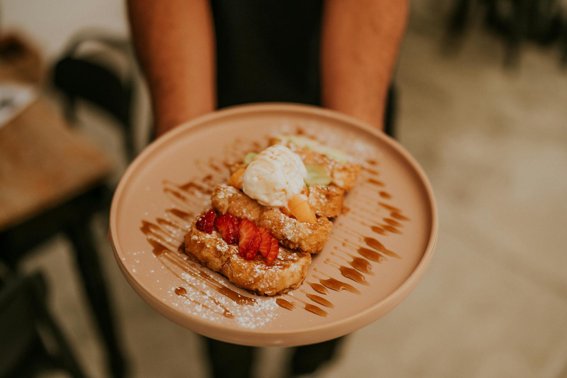 Stuffed Strawberry French Toast with Caramel & Ice Cream