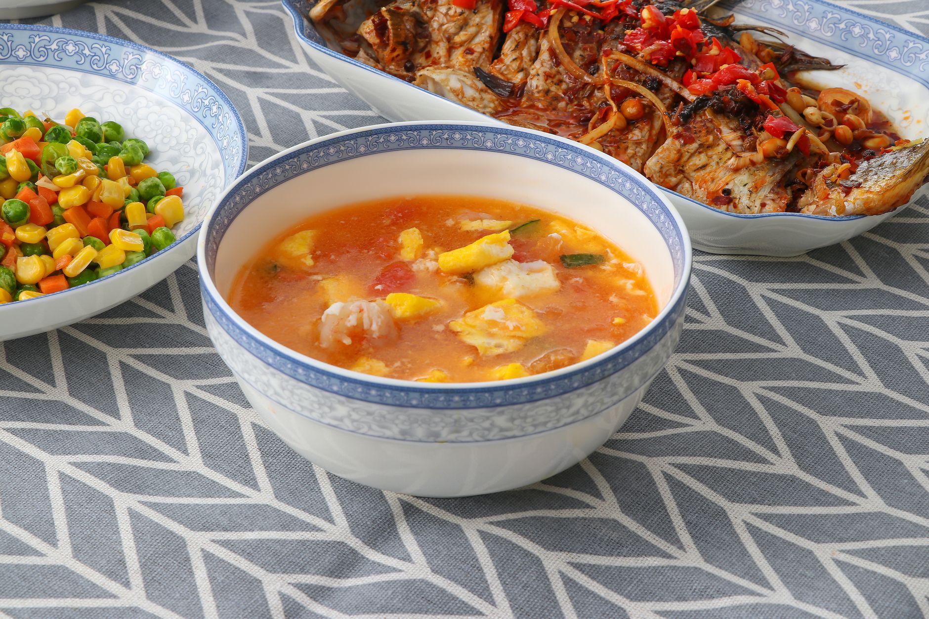 Tomato Egg Drop Soup with Crispy Fish & Veg