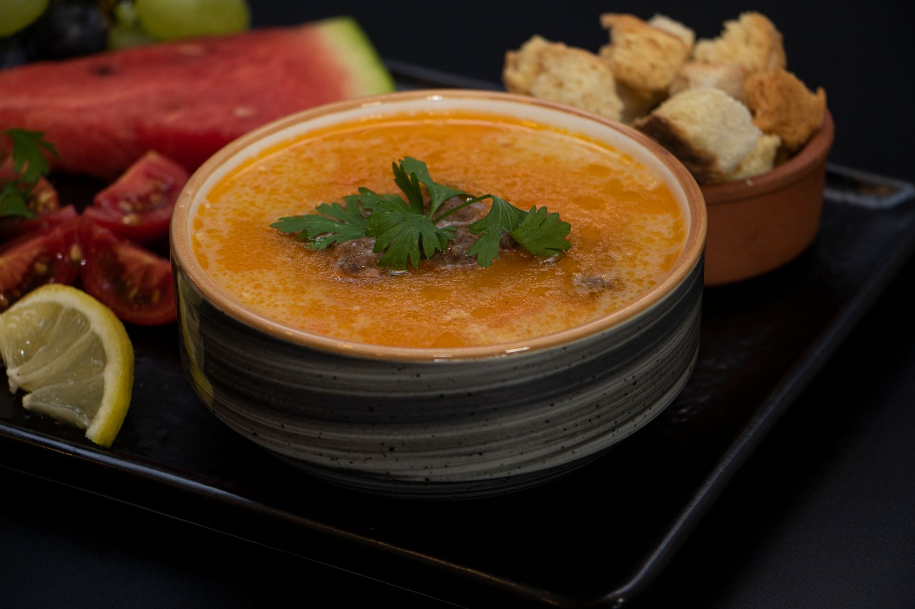 Turkish Red Lentil Soup with Crispy Croutons