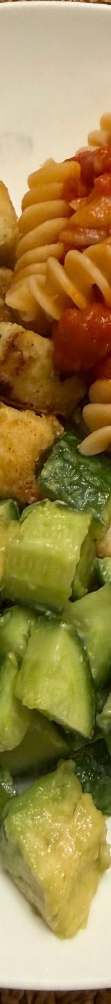 Crispy Tofu Bowl with Tomato Fusilli and Avocado Cucumber Salad