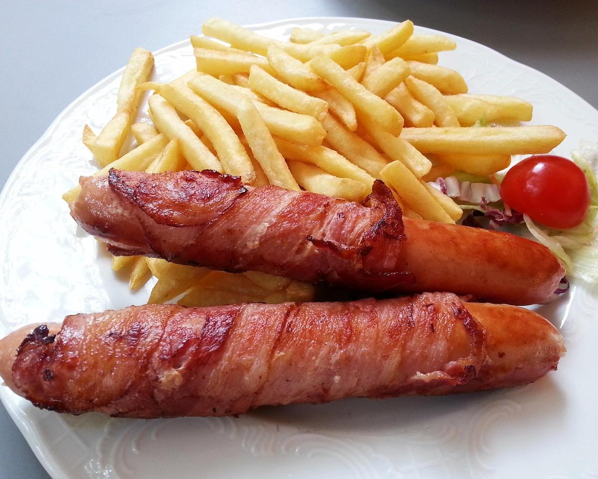 Bacon-Wrapped Hot Dogs with French Fries