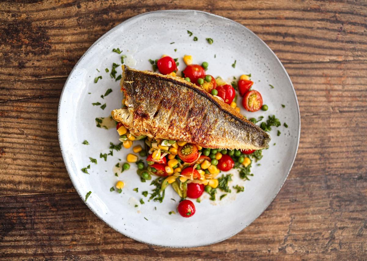 Baked Sea Bass with Corn and Tomato Salad