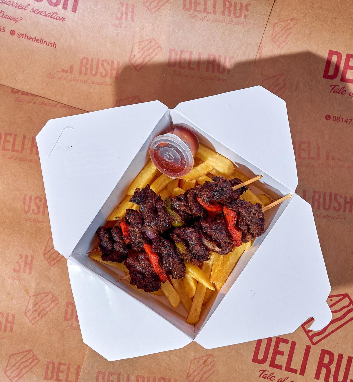Beef Suya Skewers with Fries
