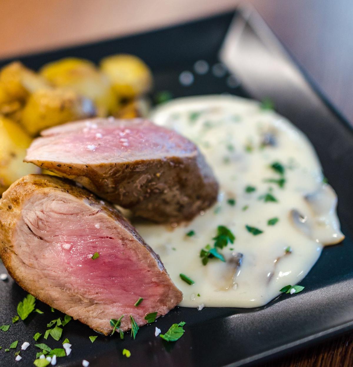 Beef Tenderloin with Mushroom Cream Sauce and Roasted Potatoes