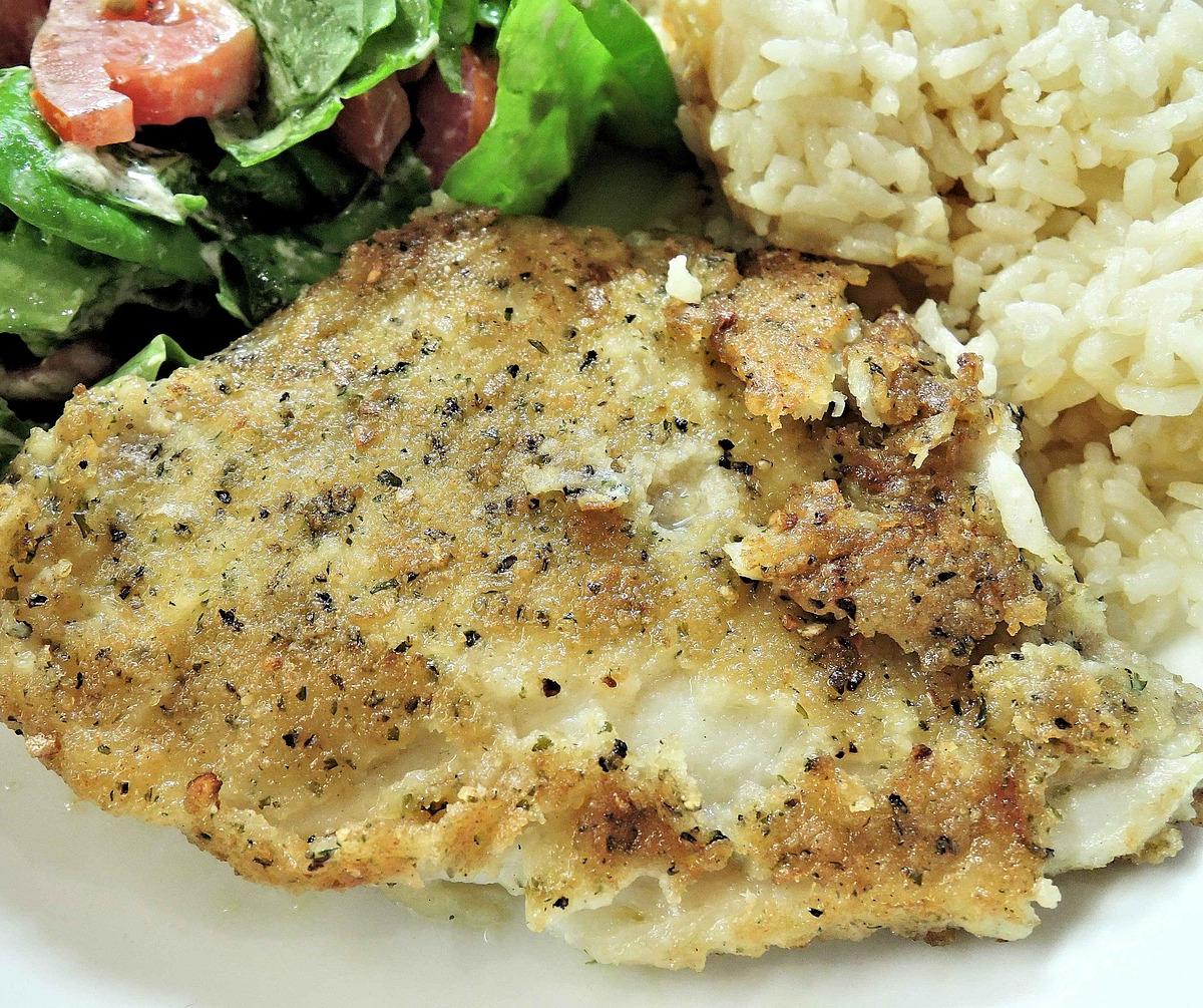 Breaded Fish Fillet with Rice and Salad