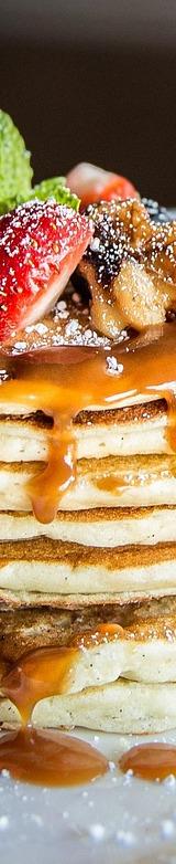 Buttermilk Pancakes with Strawberries and Caramel