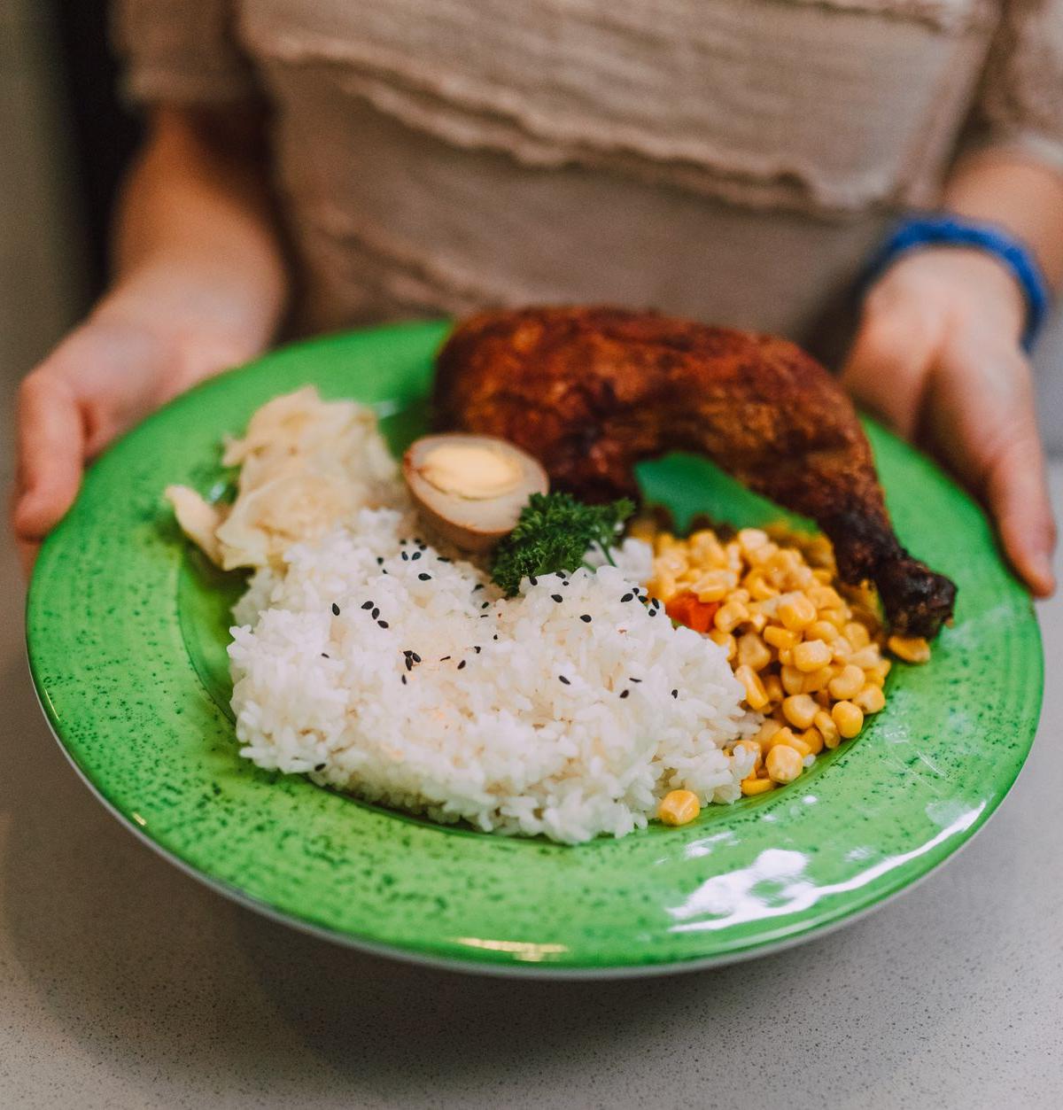 Fried Chicken Dinner with Rice and Corn