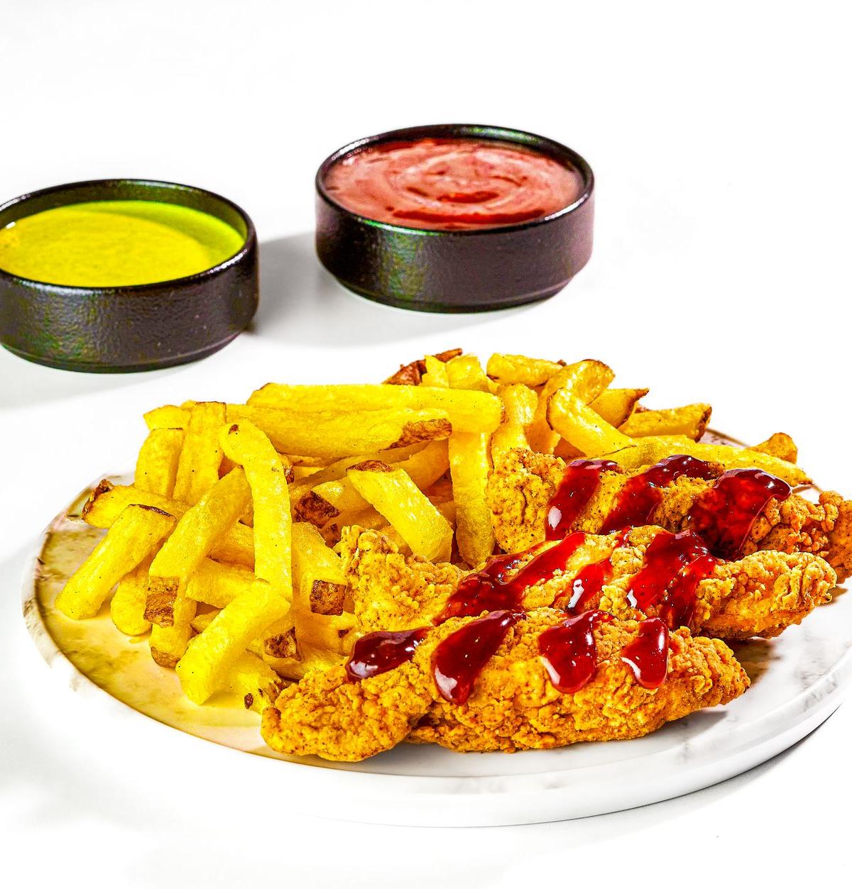 Fried Chicken with French Fries and Ketchup
