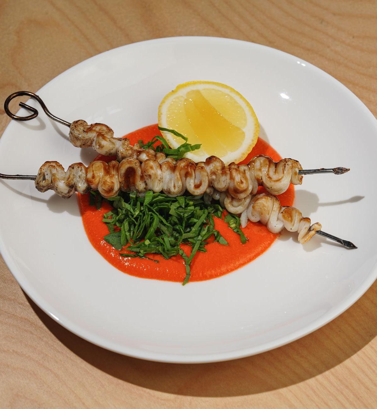 Grilled Shrimp Skewers with Tomato Puree and Herbs