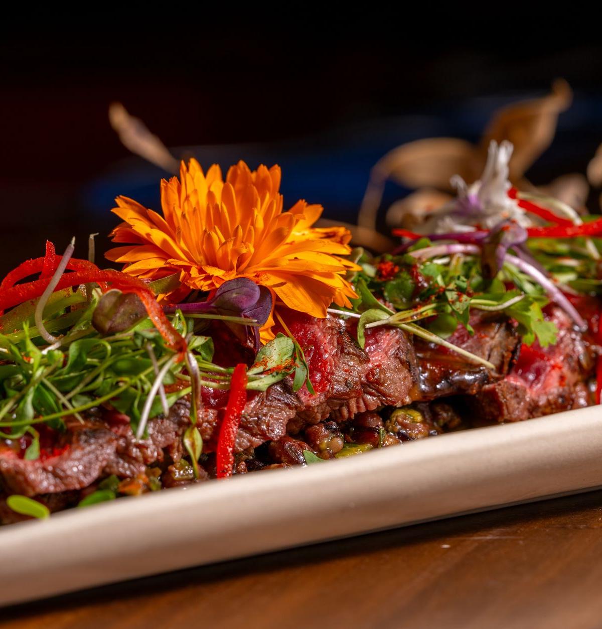 Grilled Steak with Herb Salad and Edible Flowers