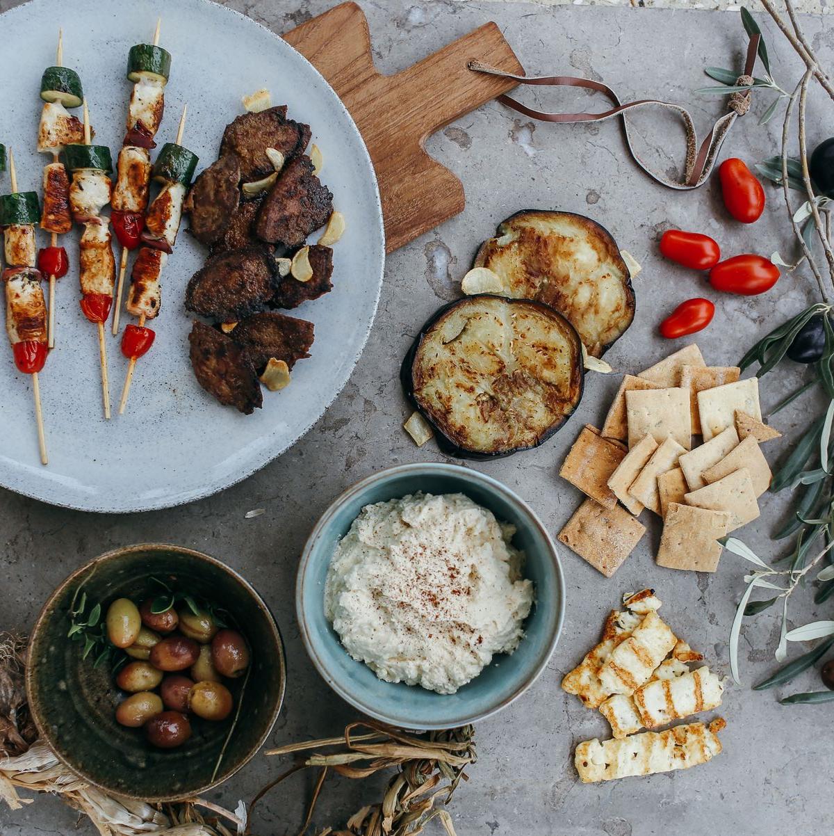 Lamb Skewers With Grilled Eggplant, Olives, And Dip