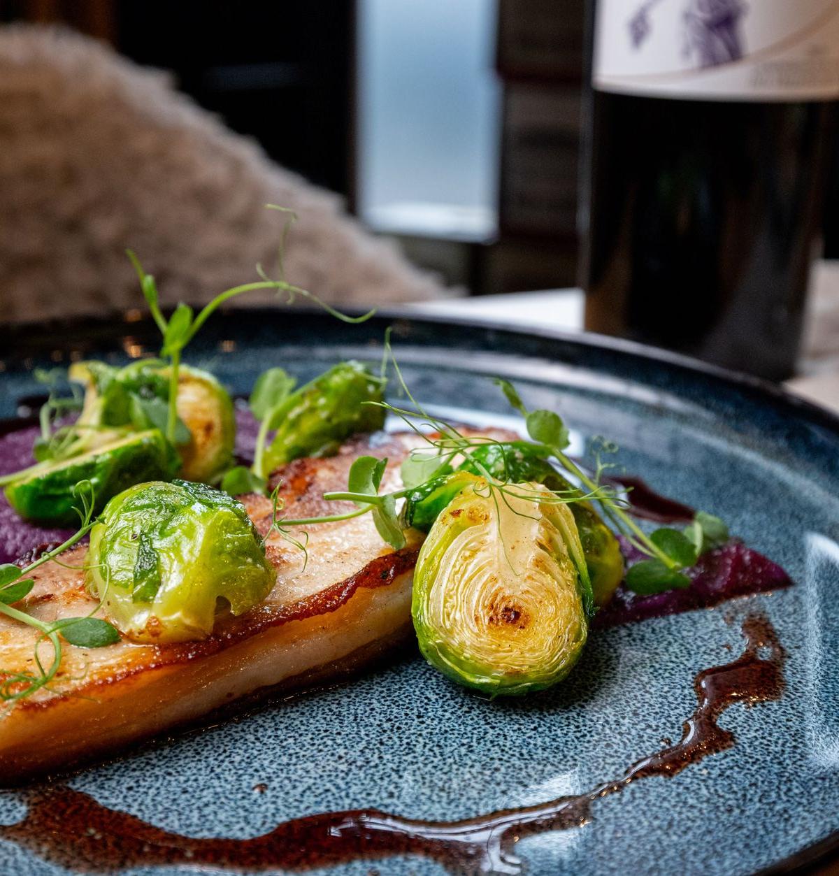 Pan-Seared Fish with Brussels Sprouts and Red Wine Reduction