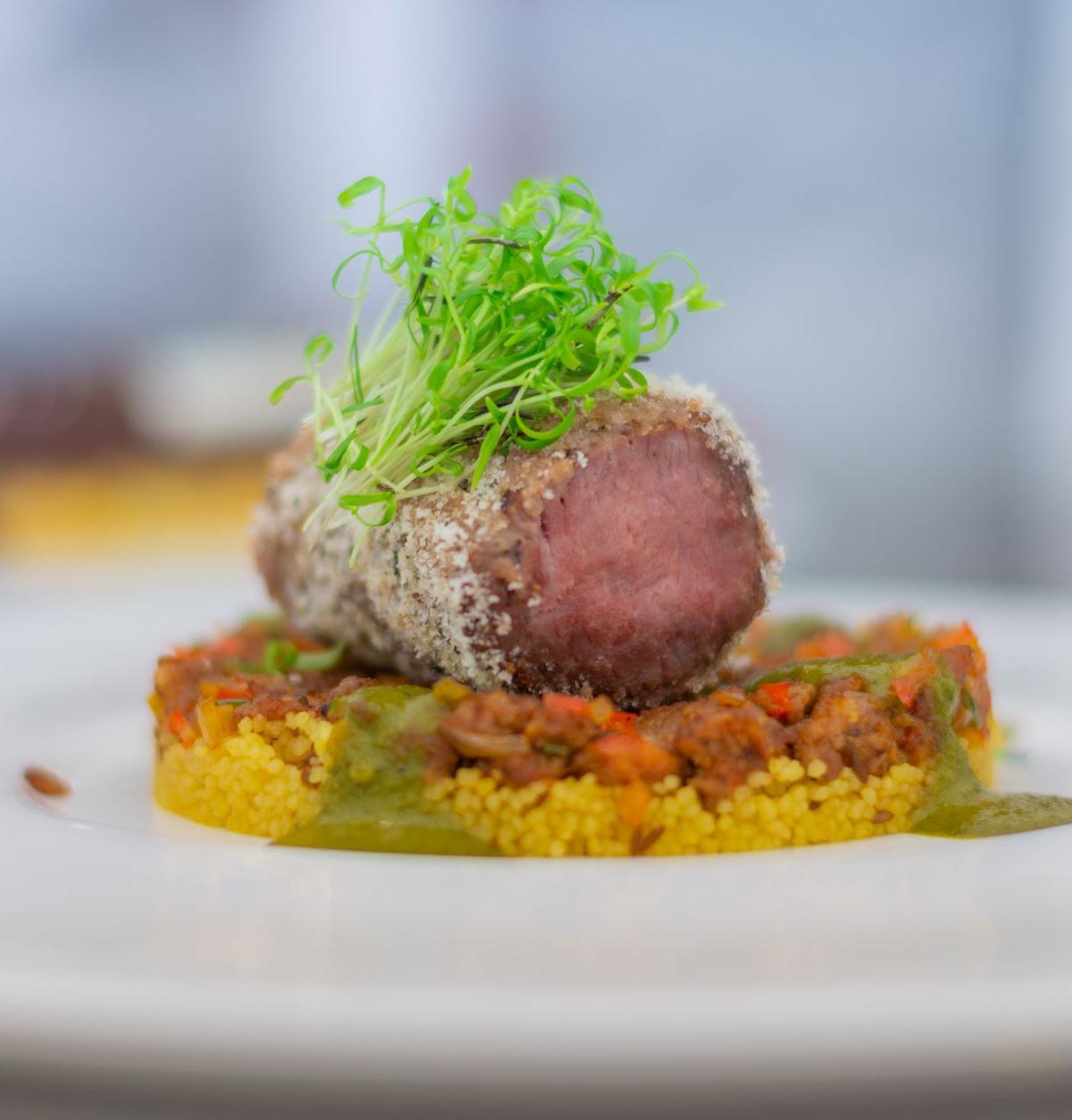 Seared Beef Tenderloin with Corn Risotto and Microgreens