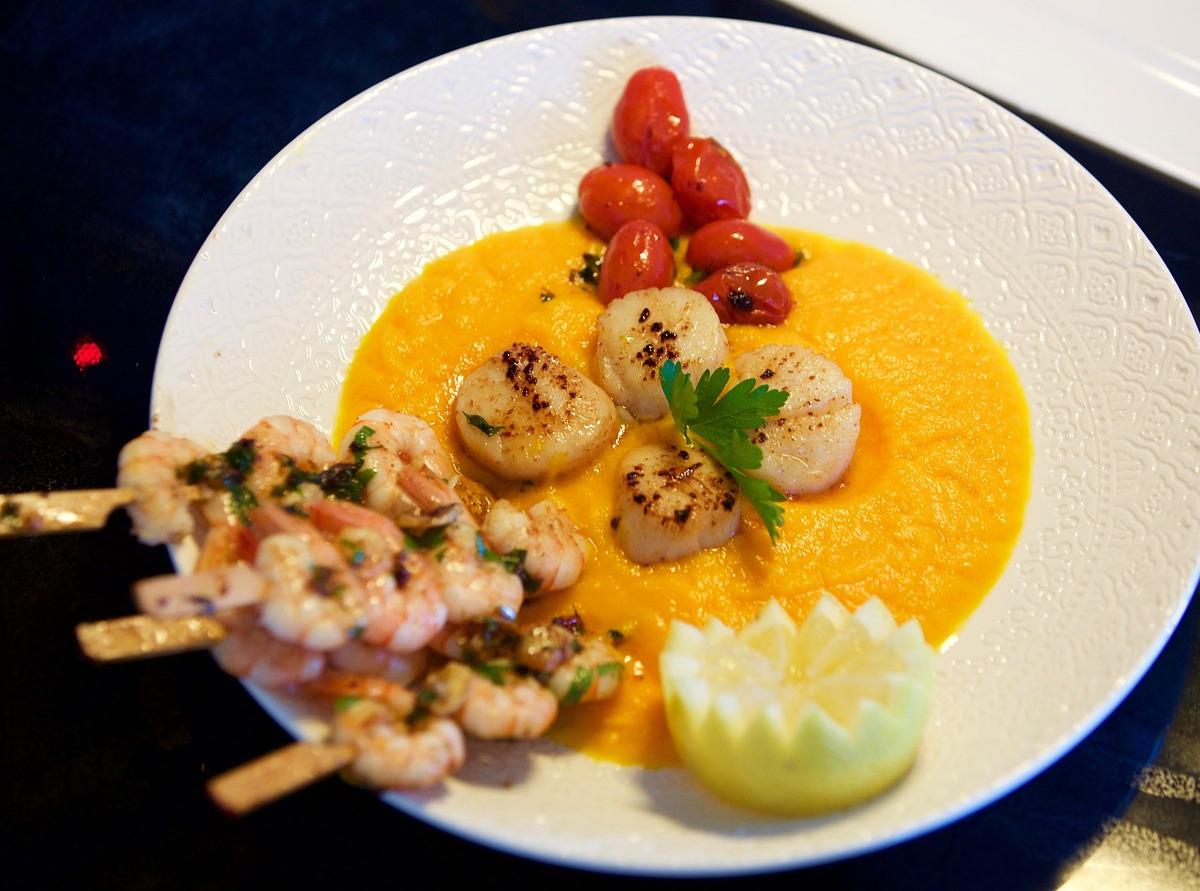 Seared Scallops with Shrimp Skewers and Roasted Tomato Puree