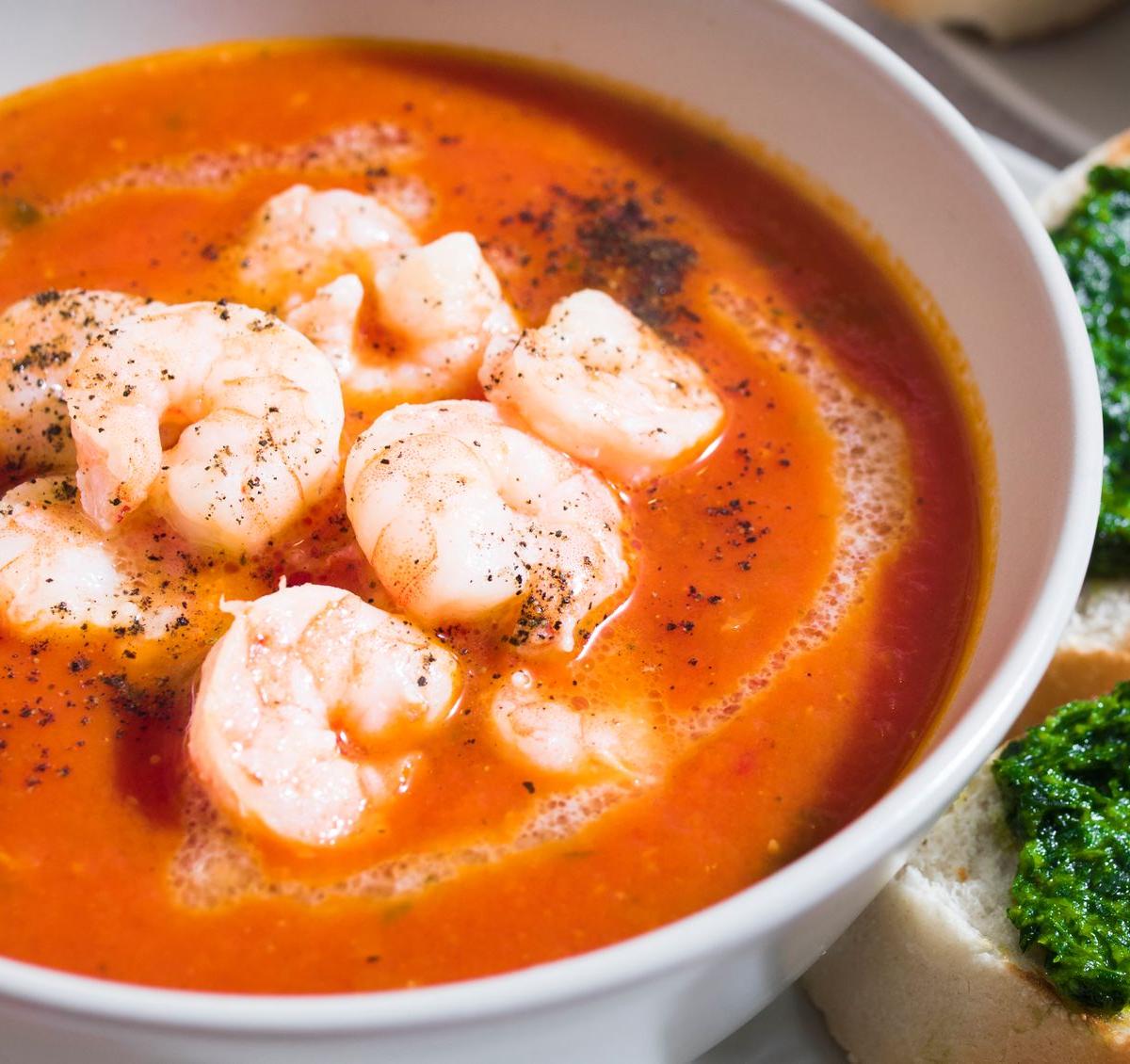 Shrimp Tomato Soup with Pesto Toast