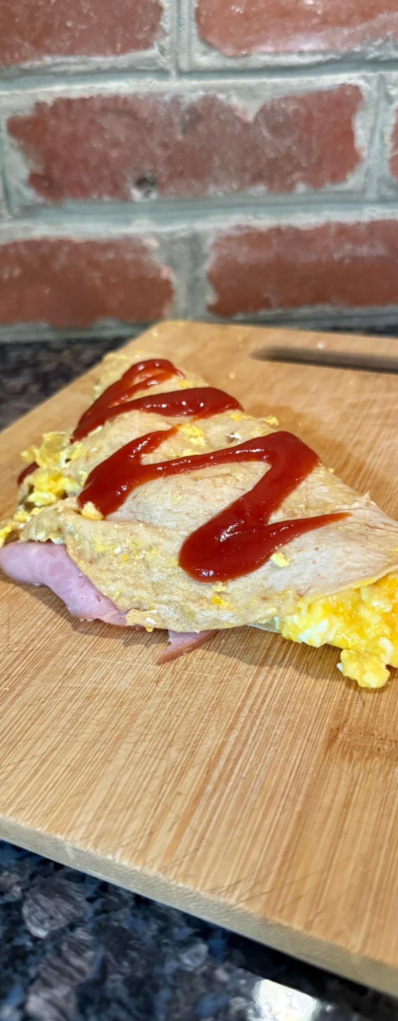 Ham, Egg & Cheese Breakfast Quesadilla with Ketchup Drizzle
