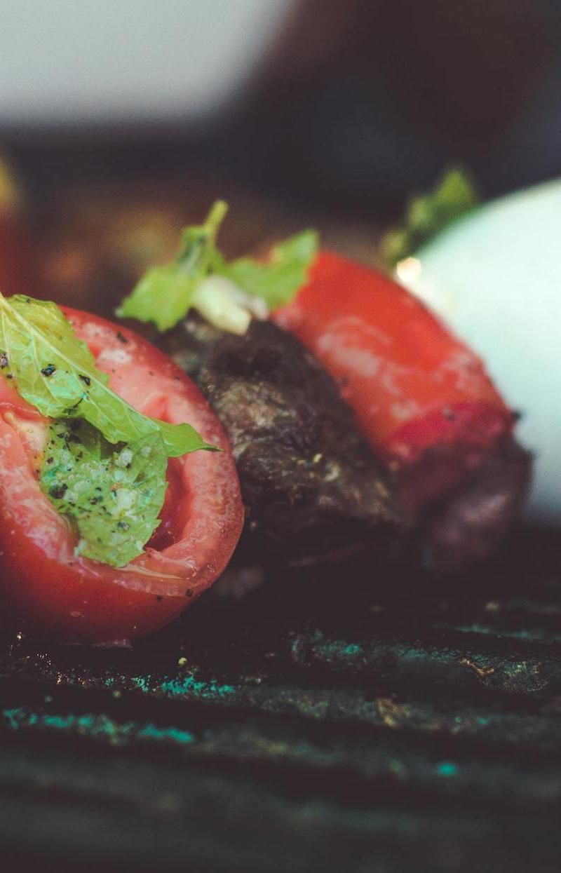 Grilled Beef Heart Skewers with Charred Tomatoes