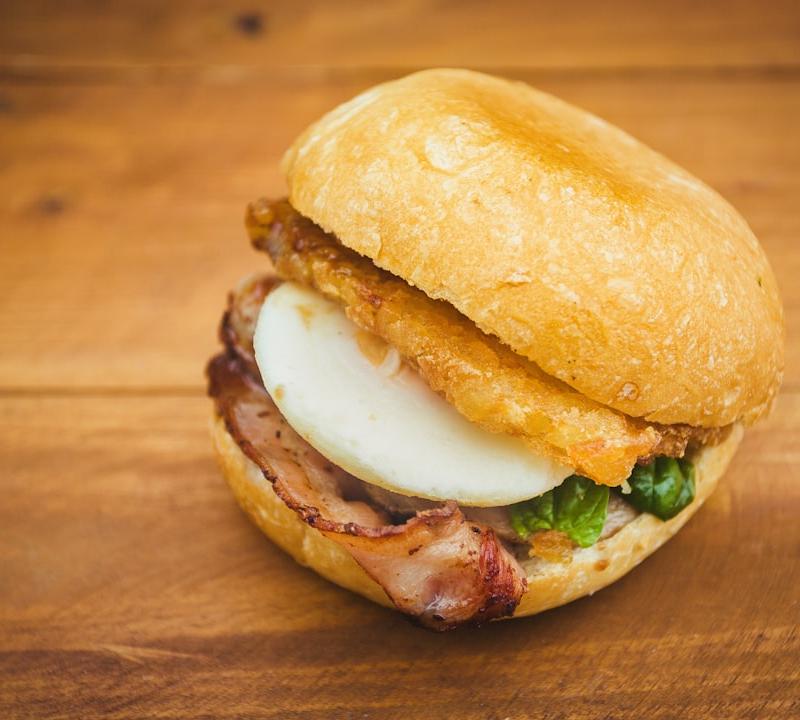 Crispy Bacon, Egg & Cheese Bagel with Hash Brown