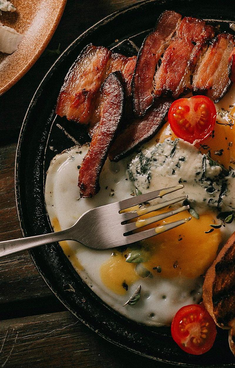Bacon & Tomato Egg Skillet with Blue Cheese Toast