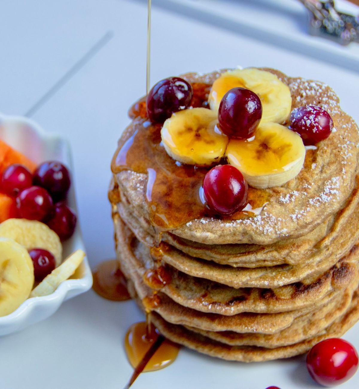 Banana Oat Pancakes with Fruit & Maple